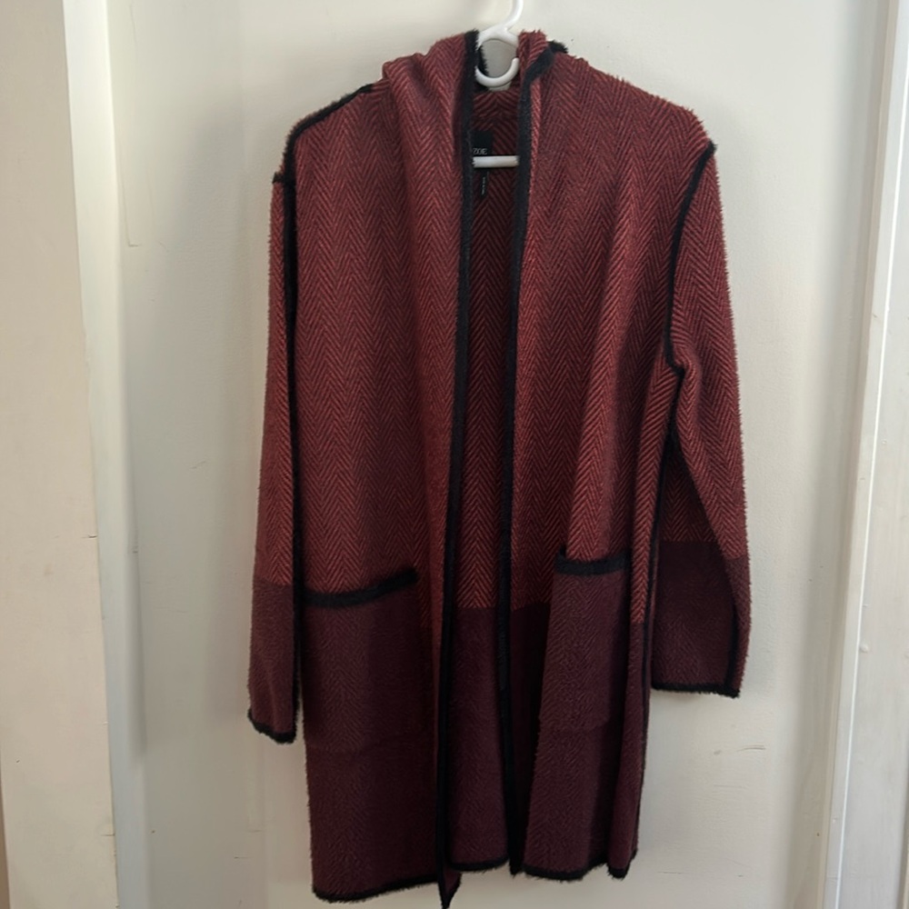 Nic + Zoe two tone coat with hood and pockets